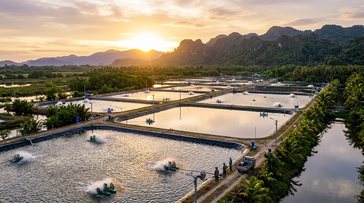 Modern sustainable aquaculture ponds with active aeration at sunset