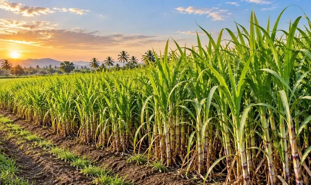 Vibrant green sugarcane crop stalks in fertile field under sunset sky
