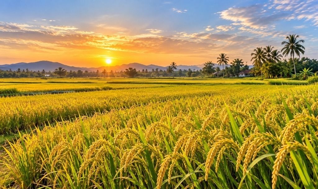 Golden ripe paddy field landscape under vibrant sunset with mountain backdrop