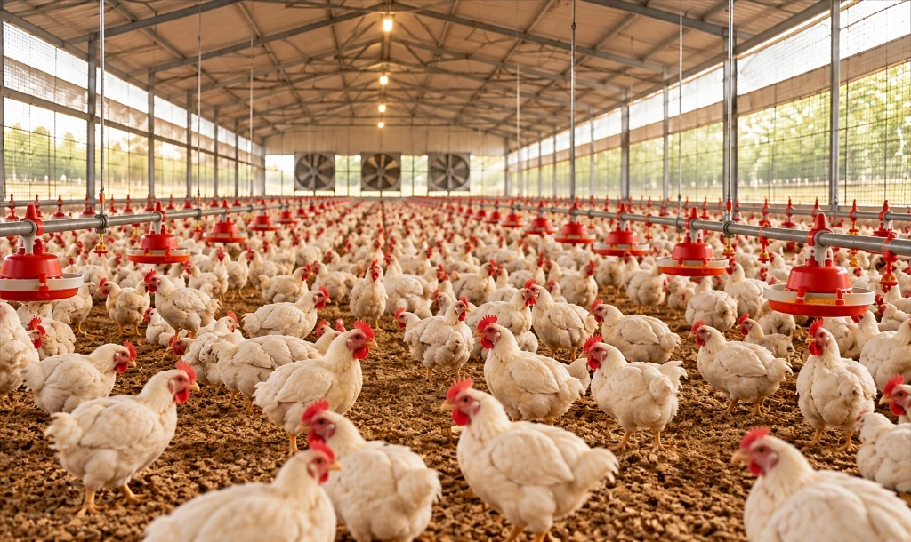 Modern commercial poultry farm facility with healthy broiler flock in climate-controlled shed
